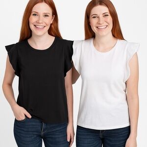 NWT Well Worn Women’s Organic Cotton Ruffle Sleeve Top 2-Pack – Black & White XS